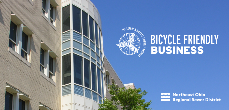 NEORSD administration building photo with Bike Friendly Business logo seal