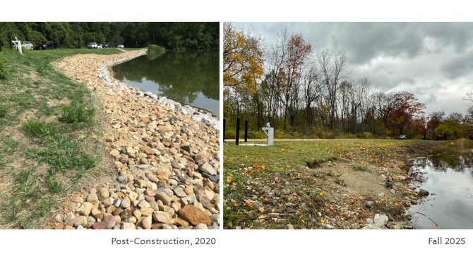 side by side images, 2020 vs 2025. Left image shows riprap stones along the dam at Lower Lake post maintenance in 2020. Right image shows approximately the same location conditions as of fall 2025 with most of the stones missing and no longer in place.