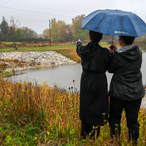 two people stand under an umbrella pointing to a bioretention basin